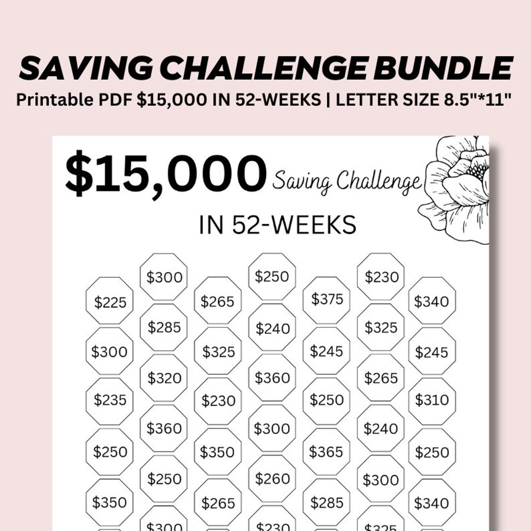 15K Savings Challenge Printable in One Year, Save 15000 in 52 Weeks ...