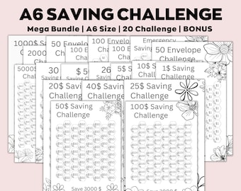 May include: A black and white printable set of 20 saving challenge charts in A6 size. The charts feature different amounts to save, from $1 to $100, with a honeycomb design. The charts are labeled with the amount to save and the challenge name. The set also includes a bonus chart for saving $3000.