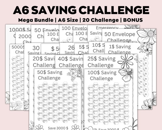 A6 Saving Challenge printable bundle, Saving Money tracker, A6 Sized Mini Savings Challenge Trackers, 1000 Savings Challenge, Set Of 20