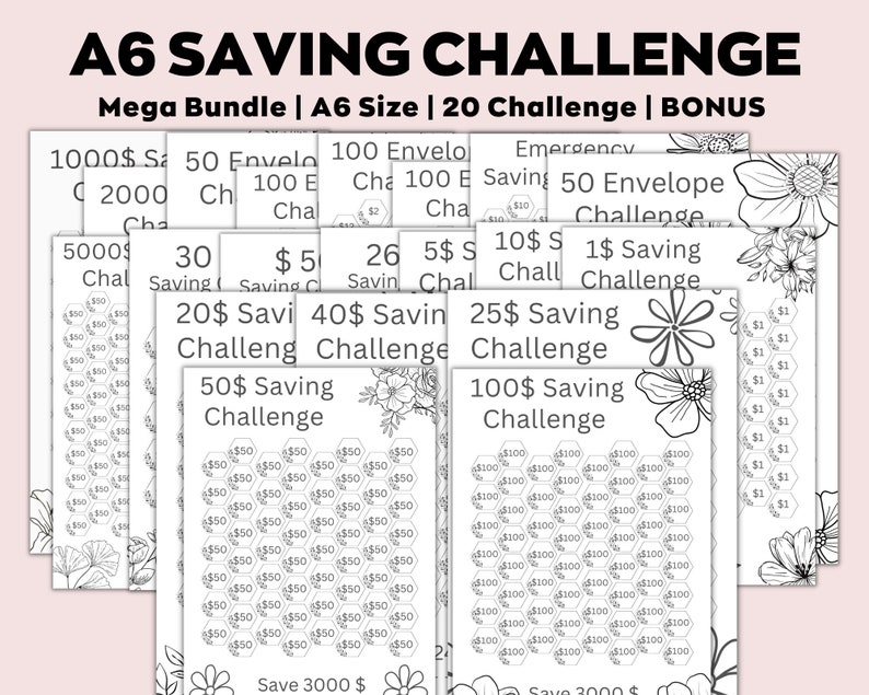 May include: A black and white printable set of 20 saving challenge charts in A6 size. The charts feature different amounts to save, from $1 to $100, with a honeycomb design. The charts are labeled with the amount to save and the challenge name. The set also includes a bonus chart for saving $3000.