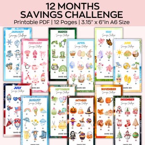 May include: A set of 12 printable savings challenges, each themed for a month of the year. The pages are 3.15" x 6" in size, with colorful illustrations and text. Each page has a savings goal of $30.
