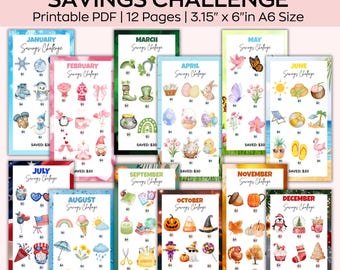 Monthly Savings Challenges, Low Income Savings Tracker, Printable Savings Challenges, Weekly Savings Tracker, A6 Budget Binder