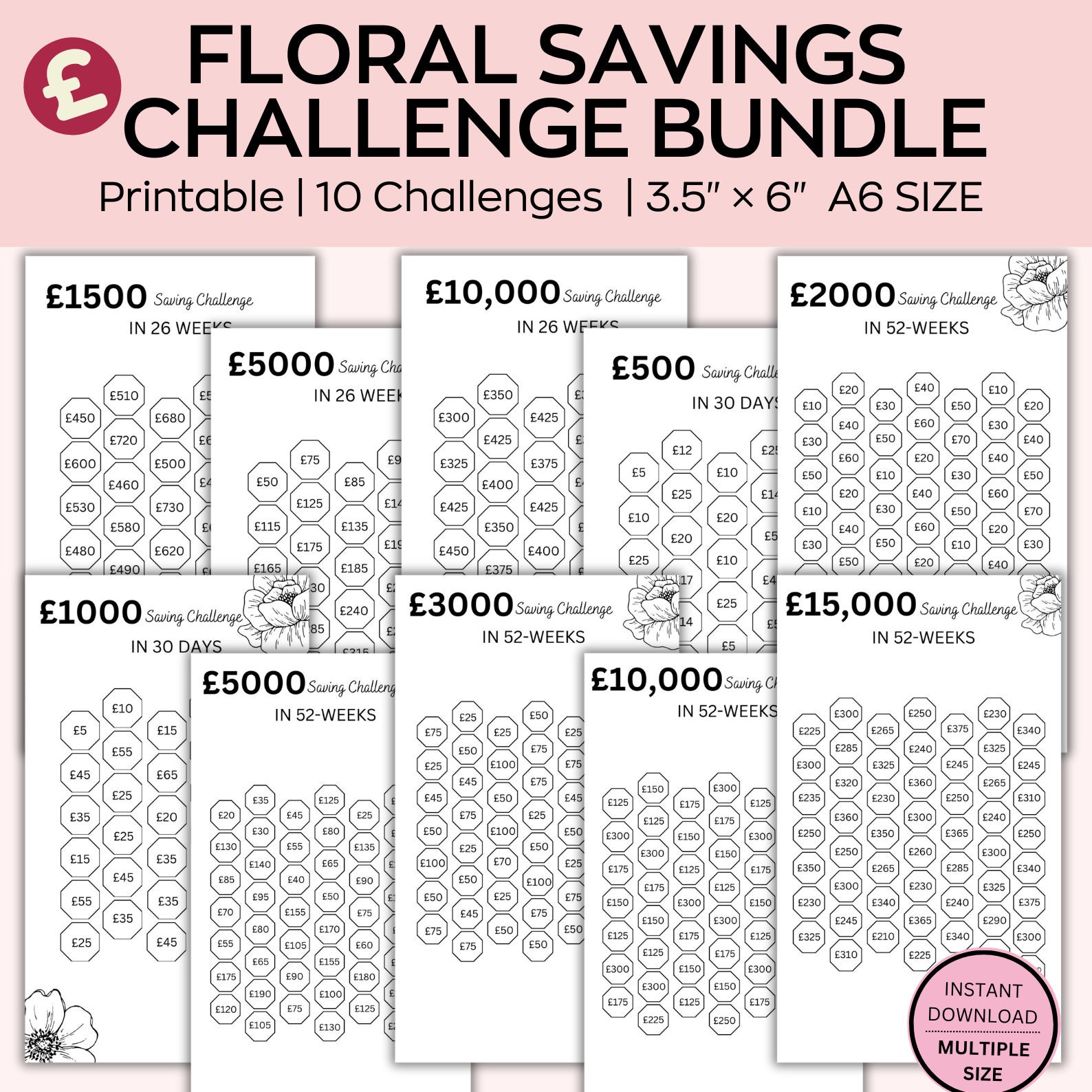 Pound Savings Challenge Printable, A6 Flower Saving Money Tracker