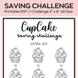 Puede incluir: Un gráfico de desafío de ahorro de cupcakes imprimible con un objetivo de 45 €. El gráfico tiene seis ilustraciones de cupcakes en blanco y negro con un signo de euro debajo de cada uno.