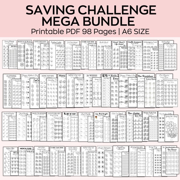 Money Savings challenges mega bundle, A6 saving Tracker Printables, Mini Savings Challenge, Budget Binder, Finance Planner, 100 Envelopes