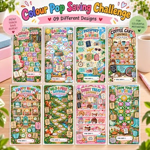 May include: A set of eight colorful money saving challenge trackers featuring various themes like Little Library, Rainbow Dream Jar, Passport to Savings, Coffee Cart, Happy Home, Wild and Free, Sweet Treat, and Grow Your Savings.