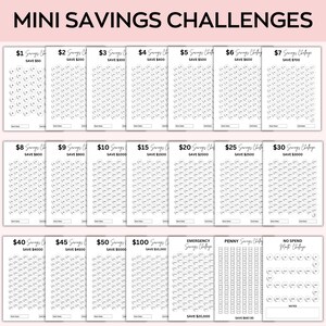 May include: A printable set of 18 black and white savings challenge trackers. The trackers are designed to help people save money by tracking their progress towards a specific savings goal. The trackers include a variety of savings challenges, such as saving $1 per day, saving $5 per week, and saving $100 per month. The trackers also include a variety of savings goals, such as saving for a vacation, saving for a down payment on a house, and saving for retirement.