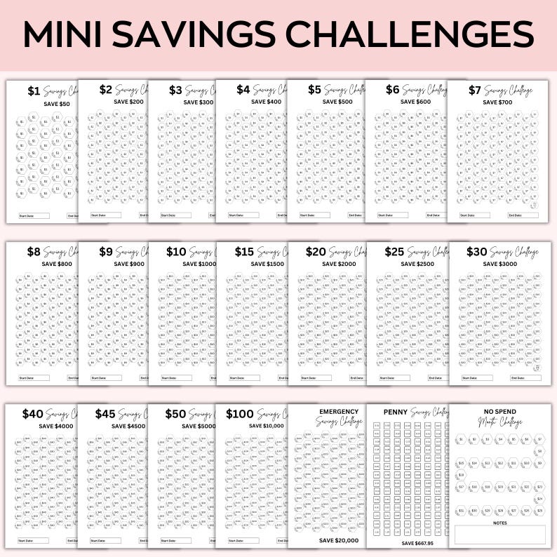 May include: A printable set of 18 black and white savings challenge trackers. The trackers are designed to help people save money by tracking their progress towards a specific savings goal. The trackers include a variety of savings challenges, such as saving $1 per day, saving $5 per week, and saving $100 per month. The trackers also include a variety of savings goals, such as saving for a vacation, saving for a down payment on a house, and saving for retirement.