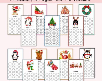 May include: A set of 14 printable Christmas saving charts featuring various festive illustrations, including penguins, reindeer, gingerbread houses, and Christmas trees. Each chart has a space to write in a savings goal and includes circles for tracking progress.