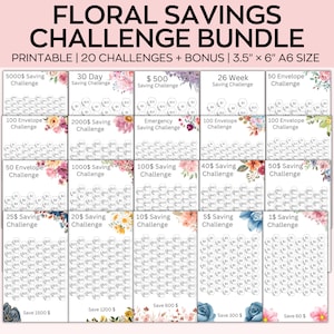 A6 Savings Challenge Imprimible, Paquete de desafío de ahorro floral de acuarela, Fondos de ahorro, Mini rastreadores de desafíos de ahorro de tamaño, Set 20, Saving1000