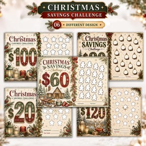 May include: A set of six Christmas savings challenge trackers featuring festive illustrations of lanterns, candles, birds, and winter scenes. Each card displays a specific monetary amount and includes blank shapes like stars, ornaments, or gingerbread men for tracking progress.