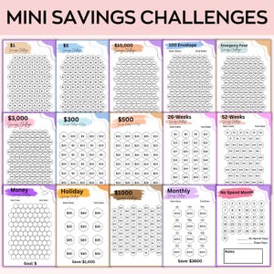 May include: A printable sheet with 12 different savings challenges. Each challenge has a honeycomb grid with dollar amounts to track savings progress. The challenges include saving $1, $5, $3,000, $300, $500, $10,000, $1,000, a 100 envelope challenge, a 26-week challenge, a 52-week challenge, a monthly savings challenge, and a no-spend month challenge.