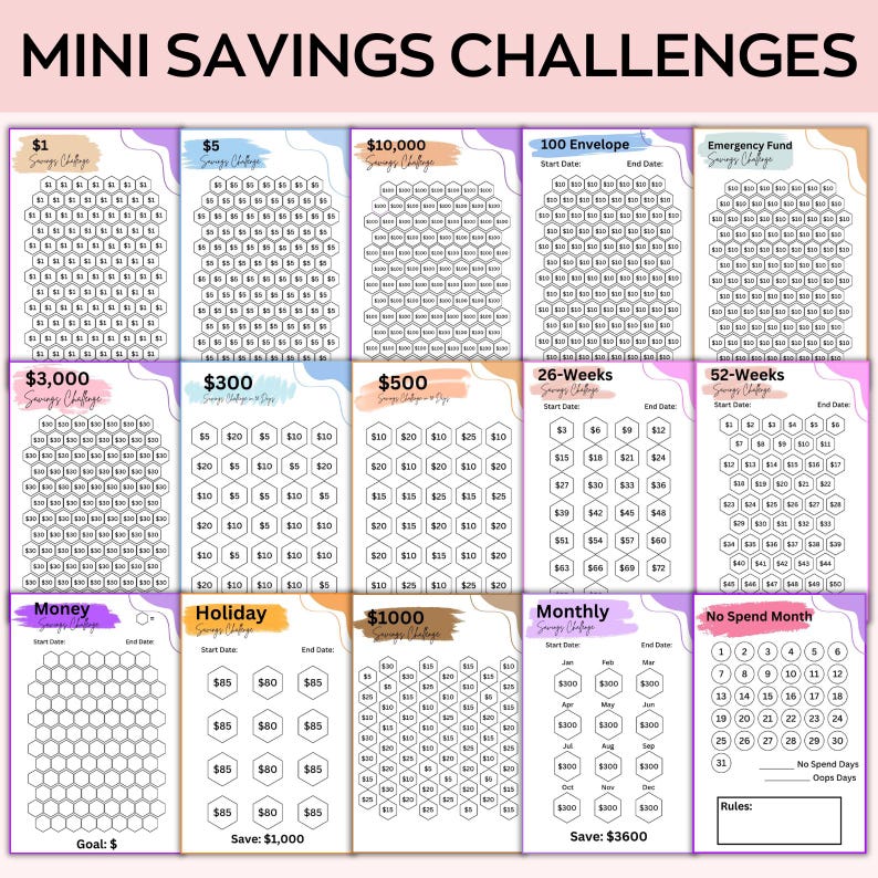 May include: A printable sheet with 12 different savings challenges. Each challenge has a honeycomb grid with dollar amounts to track savings progress. The challenges include saving $1, $5, $3,000, $300, $500, $10,000, $1,000, a 100 envelope challenge, a 26-week challenge, a 52-week challenge, a monthly savings challenge, and a no-spend month challenge.