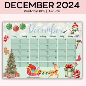 Afdrukbare kalender december 2024, kleurrijke kerst met schattige rendieren, afdrukbare planner voor kinderen, thuis, kantoor en werk, direct downloaden