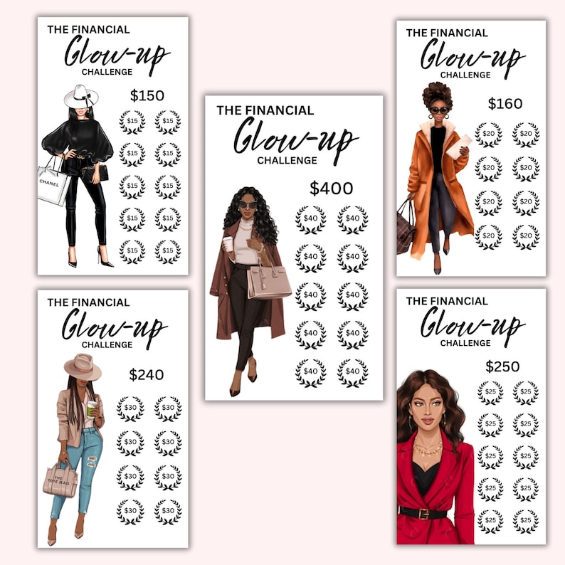 May include: Five different financial glow-up challenge cards featuring illustrated women in various outfits. Each card has a different goal amount, ranging from $150 to $400. The cards are designed to help people save money and reach their financial goals.