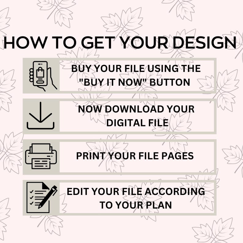 May include: A graphic with instructions on how to get a design. The steps include buying the file, downloading it, printing the pages, and editing the file. The background is light pink with leaf patterns.
