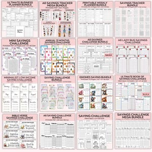 May include: A collage of printable savings challenge trackers and planners. The images include a variety of themes, such as gnomes, ladybugs, and bible verses. The trackers are designed to help people save money and reach their financial goals.