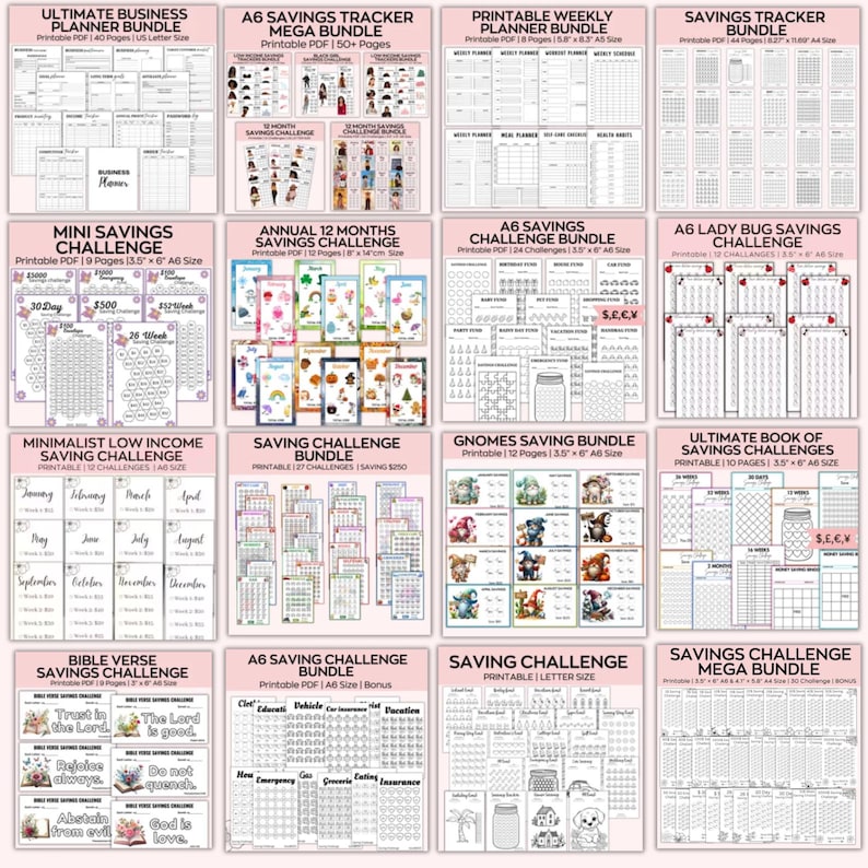 May include: A collage of printable savings challenge trackers and planners. The images include a variety of themes, such as gnomes, ladybugs, and bible verses. The trackers are designed to help people save money and reach their financial goals.