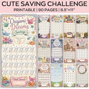 Pode incluir: Um conjunto de desafios de poupança imprimíveis de 90 páginas medindo 21,6 por 27,9 cm. A coleção inclui vários rastreadores temáticos, incluindo Origami Dreams, Music Notes, Puzzle Piece, Board Game, Camera Click, Notebook Nook e Dream Crystal.
