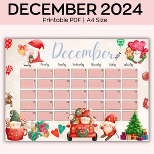Afdrukbare kalender december 2024, kleurrijke kerst met schattige rendieren, afdrukbare planner voor kinderen, thuis, kantoor en werk, direct downloaden