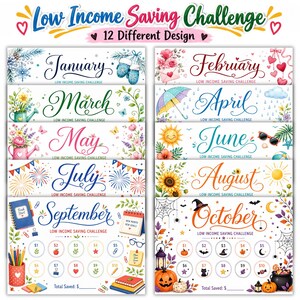 Könnte beinhalten: Ein Set aus zwölf monatlichen Spar-Challenge-Trackern mit saisonalen Illustrationen für jeden Monat von Januar bis Oktober, inklusive dekorativem Text, farbenfrohen Symbolen und nummerierten Kreisen zur Verfolgung der Sparziele.