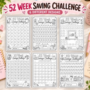 Könnte beinhalten: Ein Set aus sechs schwarz-weißen, druckbaren 52-Wochen-Spar-Challenge-Blättern mit verschiedenen Illustrationen wie Geldsäcken, Gläsern, Tresoren und Umschlägen mit nummerierten Feldern zur Verfolgung des finanziellen Fortschritts.