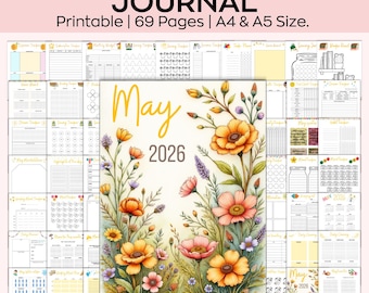 2026 May bullet journal, Digital Planner Pages, Printable Habit Trackers, Self-Care Monthly & Yearly Planner A4 A5