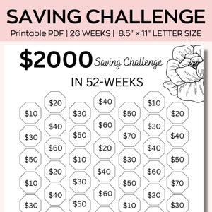 A6 Floral Savings Challenge Printable, 2000 Savings Challenge, 52 Weeks Savings Challenge, 2K Savings Tracker, budget binder