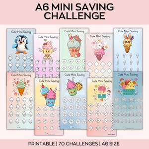 May include: A collection of printable A6 mini saving challenge sheets. Each sheet features a unique design with cute illustrations of ice cream, penguins, and other fun characters. The sheets are designed to help track savings progress.