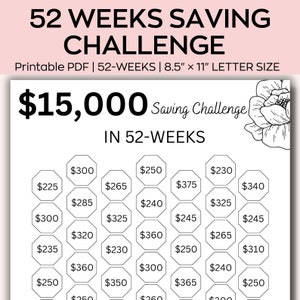 15K Savings Challenge Printable in One Year, Save 15000 in 52 Weeks, Saving Tracker, Week At a Glance, cash stuffing,  mini saving tracker