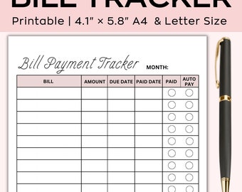 Monthly Bill Tracker Printable, Bill Payment Checklist, Bill Organizer, Finance Planner, Monthly Bill Log, Bill Planner pdf, A4 bill tracker