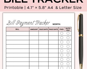 May include: Printable bill payment tracker with columns for bill name, amount, due date, paid date, paid, and auto pay. The tracker has 15 rows for bills and a section at the top for the month.
