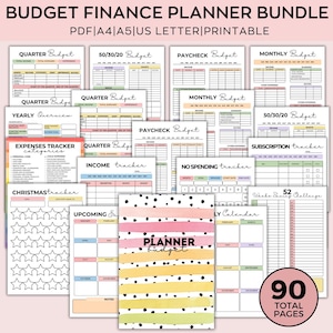 May include: A printable budget planner bundle with 90 pages. The pages are organized into different categories, such as "Quarterly Budget", "50/30/20 Budget", "Paycheck Budget", "Monthly Budget", "Yearly Overview", "Expenses Tracker", "Income Tracker", "No Spending Tracker", "Subscription Tracker", "Christmas Tracker", "Upcoming Expenses", "Planner Budget", "Weeks Saving Challenge", and "Yearly Calendar". The pages are decorated with colorful watercolor stripes and polka dots.