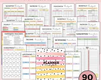 May include: A printable budget planner bundle with 90 pages. The pages are organized into different categories, such as "Quarterly Budget", "50/30/20 Budget", "Paycheck Budget", "Monthly Budget", "Yearly Overview", "Expenses Tracker", "Income Tracker", "No Spending Tracker", "Subscription Tracker", "Christmas Tracker", "Upcoming Expenses", "Planner Budget", "Weeks Saving Challenge", and "Yearly Calendar". The pages are decorated with colorful watercolor stripes and polka dots.