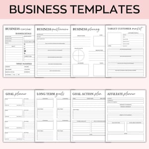 May include: A printable business planning template with sections for business overview, questionnaire, planning, target customer market, goal planner, long-term goals, goal action plan, and affiliate planner.