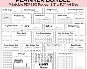 May include: A black and white printable budget planner bundle with 90 pages. The bundle includes pages for monthly budget, yearly income, tax deduction, spending tracker, no spending tracker, future goals, house savings challenge, rainy day savings fund, spring savings fund, debt savings fund, saving jar, expense tracking categories, annual tracker, and 52 weeks savings challenge.