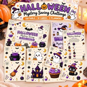 May include: A Halloween Mystery Saving Challenge set featuring 10 cards and 3 planners with illustrations of ghosts, black cats, pumpkins, cauldrons, and haunted houses. The text reads Halloween Mystery Saving Challenge, Editable, and Instructions.