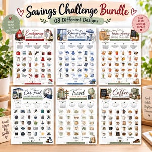Op de afbeelding: Een spaarchallenge-bundel met 08 verschillende ontwerpen, waaronder thema's als Noodgeval, Regenachtige dag, Afhaalmaaltijden, Brandstof, Reizen en Koffie. Elk blad bevat geïllustreerde iconen, selectievakjes en secties voor notities, doelen en bedragen.