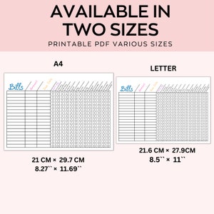 May include: Printable bill tracker in two sizes: Letter (8.5 x 11 inches) and A4 (8.27 x 11.69 inches). The tracker has columns for bill name, amount, due date, and check boxes for paid.
