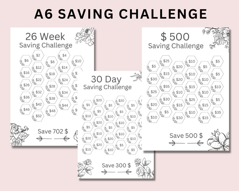May include: A printable A6 size savings challenge with three different options: a 26-week challenge to save $702, a 30-day challenge to save $300, and a $500 savings challenge. Each challenge is presented in a honeycomb pattern with dollar amounts listed in each hexagon.