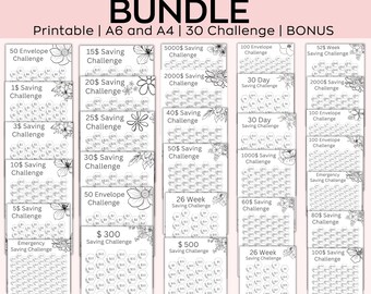 A6 Savings Challenge Printable, Savings Challenge Bundle, 1000 Savings Challenge, A6 Sized Mini Savings Challenge Trackers, Set Of 30, funds