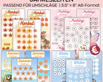 A6 savings challenges printable, Seasons Annual EuroSavings, Set of 12 Months savings tracker, Budget binder, Low income savings, 2024