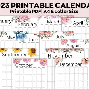 Pacote para impressão de calendário 2023, calendário de mesa mensal, aquarela de flores, PDF de parede floral botânico, tamanho carta, A4, bonito elegante, linhas