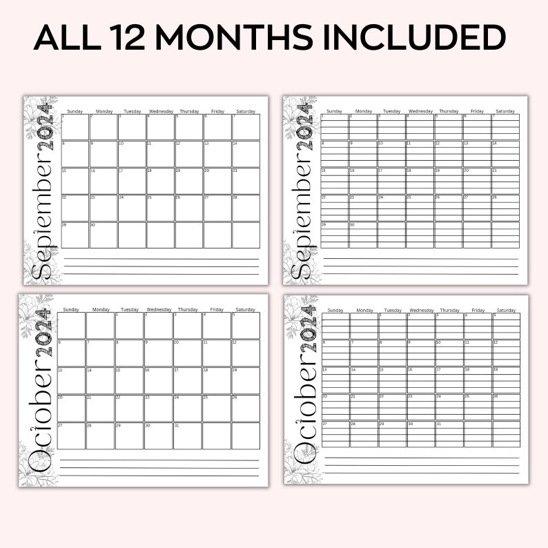 2024 Lined & Unlined Monthly Calendars Planner, Floral Two 2 Page Lined ...