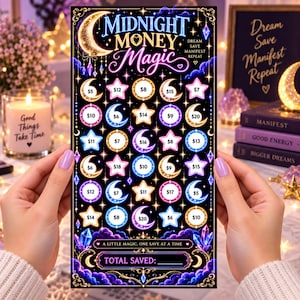 May include: A rectangular savings tracker card titled Midnight Money Magic with a celestial theme. The design features gold moons, stars, and purple clouds on a black background. It includes numbered circles and stars for tracking savings.