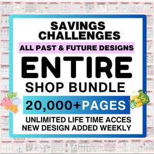 Può includere: Un pacchetto di prodotti digitali per sfide di risparmio. L'immagine mostra uno sfondo rosa e bianco con il testo "Savings Challenges" in nero. Il testo "All Past & Future Designs" è in bianco su uno sfondo rosa. Il testo "Entire Shop Bundle" è in nero. Il testo "20,000+ Pages" è in bianco e nero. Il testo "Unlimited Life Time Acces" è in nero. Il testo "New Design Added Weekly" è in nero.