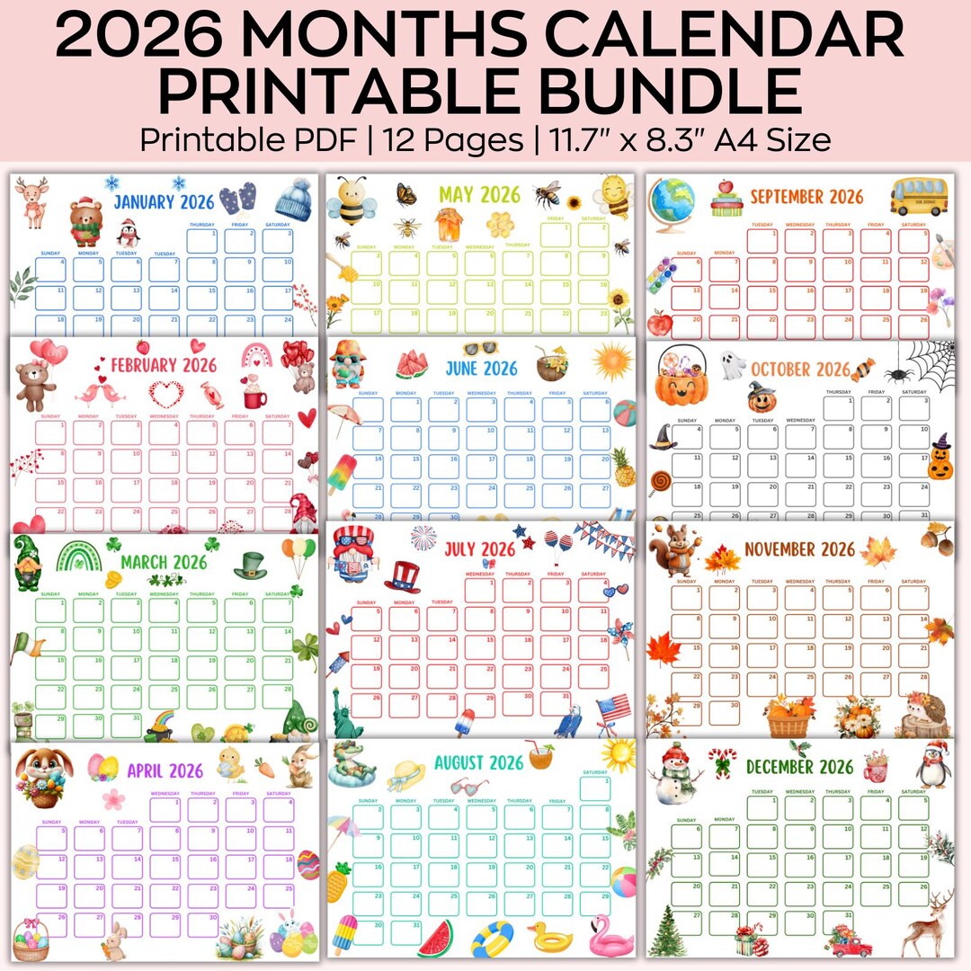 2026 Kalender zum Ausdrucken, Monatskalender zum Ausdrucken