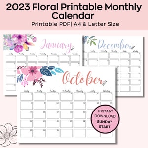 2023 Floral bedruckbarer Monatskalender, Aquarell, druckbare bearbeitbare Landschafts-Monatskalender, ewige Kalender & Jahresüberblick in A4