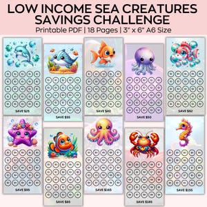Sfida di risparmio con creature marine carine a basso reddito, stampabile, sfida di bilancio in contanti, tracciamento del denaro, fondi di ammortamento, sfida di basso budget