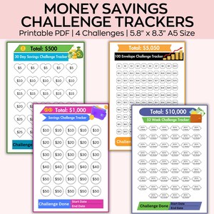 Puede incluir: Cuatro rastreadores imprimibles de desafíos de ahorro. Cada rastreador tiene un objetivo de ahorro diferente, incluyendo $500, $1.000, $5.050 y $10.000. Los rastreadores están diseñados para ayudar a los usuarios a ahorrar dinero. El tamaño es de 14,7 cm x 21 cm A5.